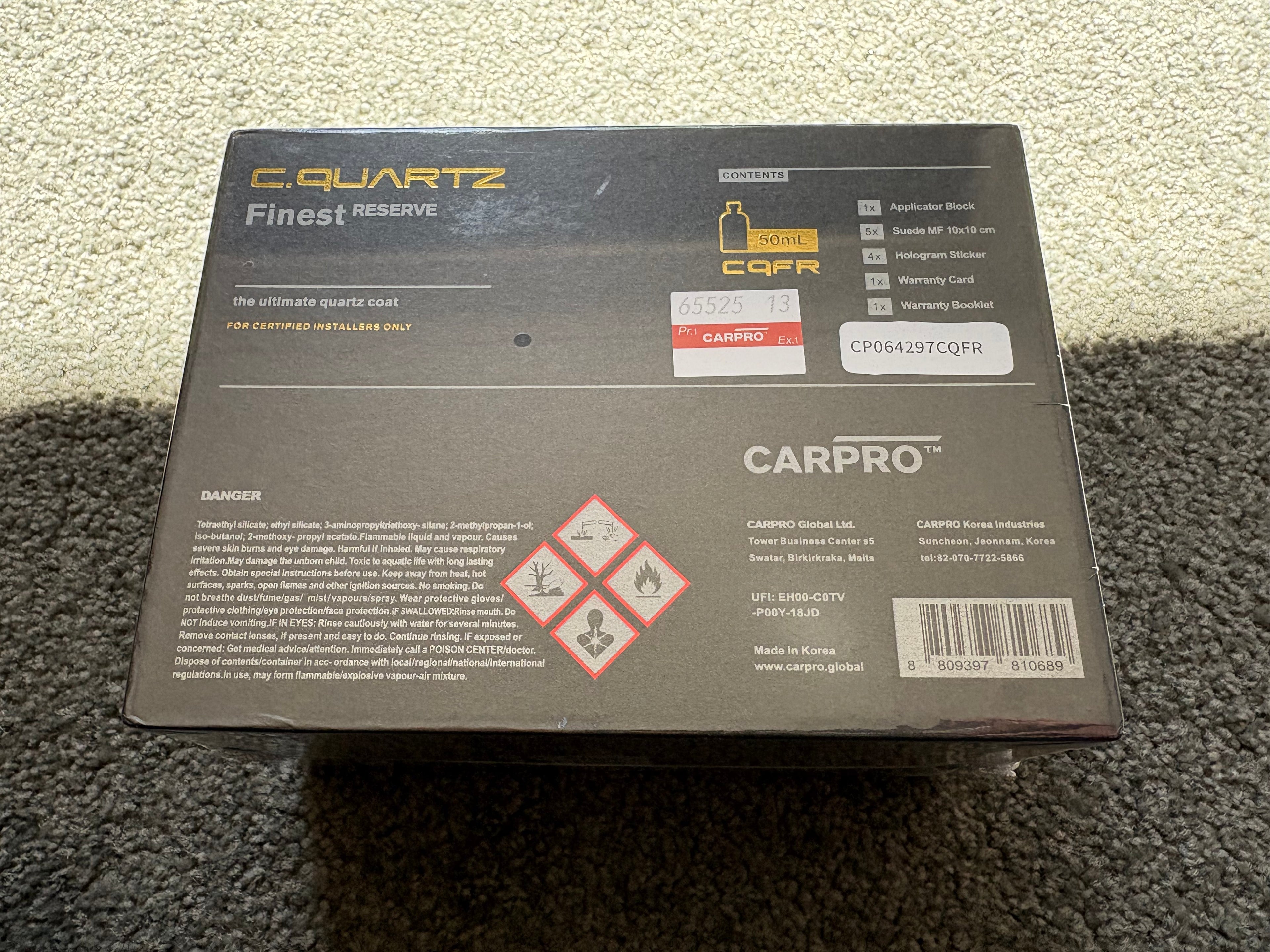 CarPro CQuartz Finest Reserve CQFR 50ml box – back showing kit contents and product details